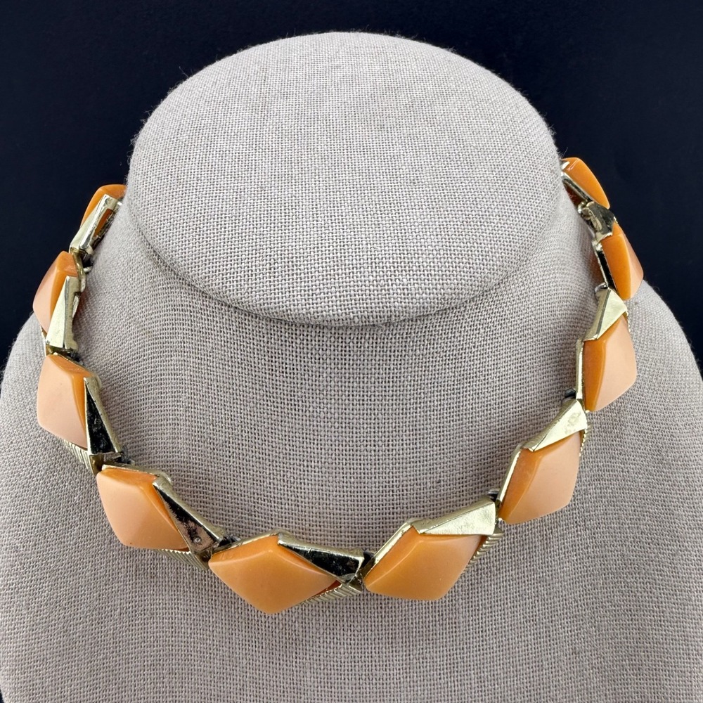 Vintage Thermoset Necklace Orange Gold Tone MCM Geometric Choker 15"